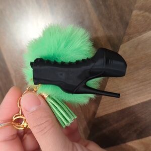 High Heel Bootie Keychain With Neon Green Pompom And Tassel